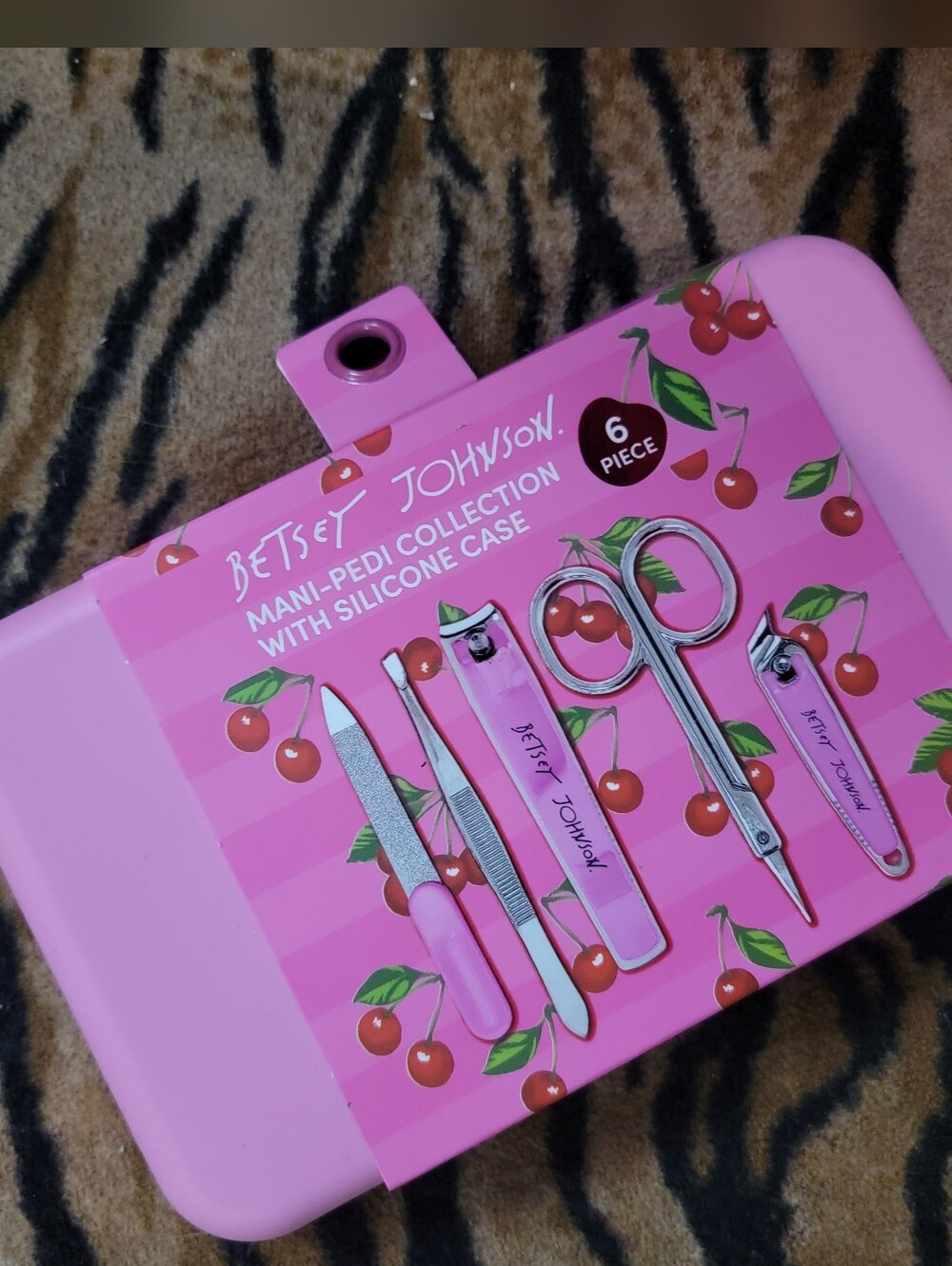 Betsey Johnson Pink Cherry Mani-Pedi 6-Piece Set in Bubblegum Pink Case NEW!